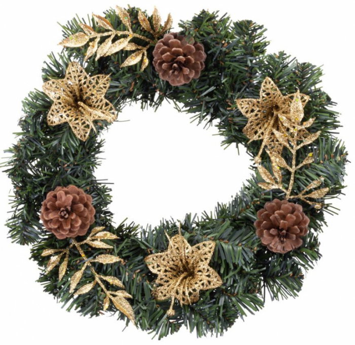 Coronita de craciun din brad artificial, 30 cm cu conuri de pin si flori aurii [1]