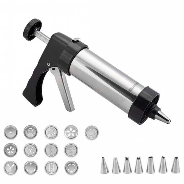 Aparat tip pistol, pentru biscuiti si ornare patiserie, 21 accesorii, inox, Quttin [1]