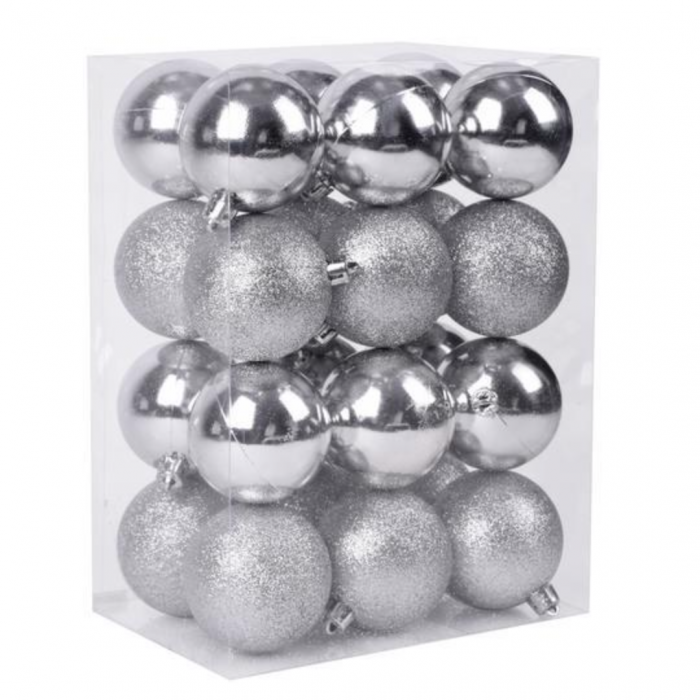Set 24 de globuri argintii pentru Craciun din plastic, diametru 6 cm, magic home [1]