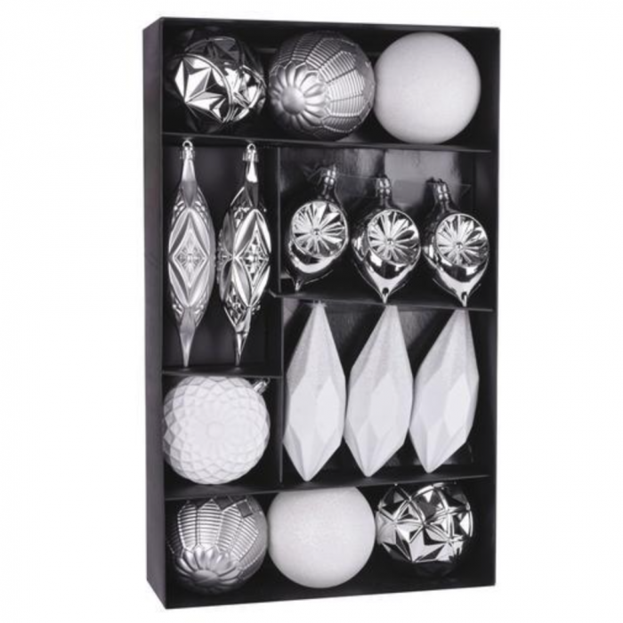 Set 15 de globuri albe si argintii pentru Craciun din plastic, diametru 8 - 15 cm, magic home [1]