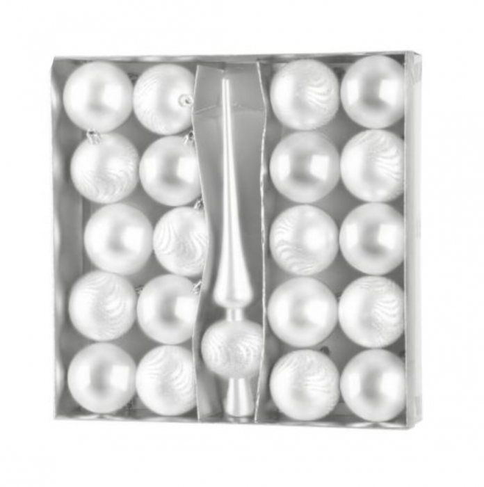 Set 21 globuri si varf pentru bradul de craciun, alb perlat, diametru 6 cm, magic home [1]