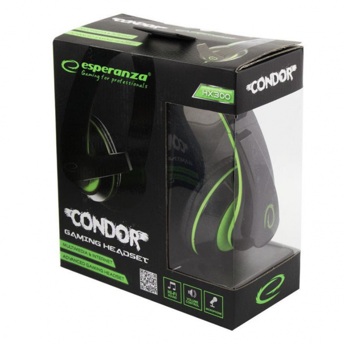 Casti audio de gaming Esperanza Condor XY909 , Microfon incorporat, Tehnologie cu fir , Sunet stereo, Semnal zgomot 105 db , Supraariculare, Cablu de 2 m , Negru/Verde [3]