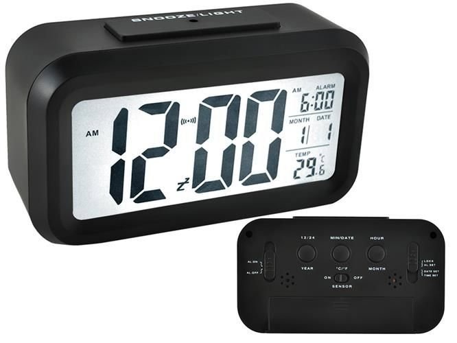 Ceas desteptator digital, negru, amanare, data, lumina de fundal, senzor de lumina, temperatura [1]