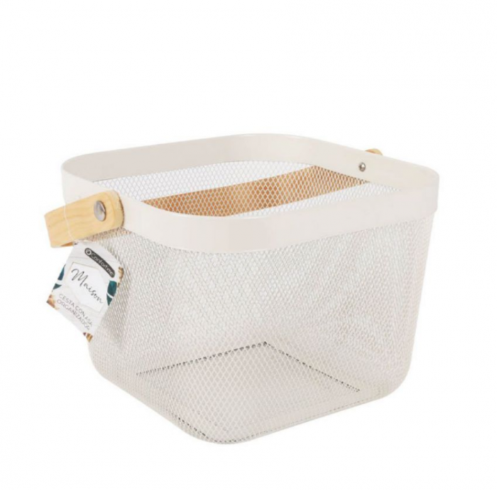 Cos de metal cu maner din bambus pentru organizare, baie, curatenie, alb, 25x26x18cm, Confortime [1]