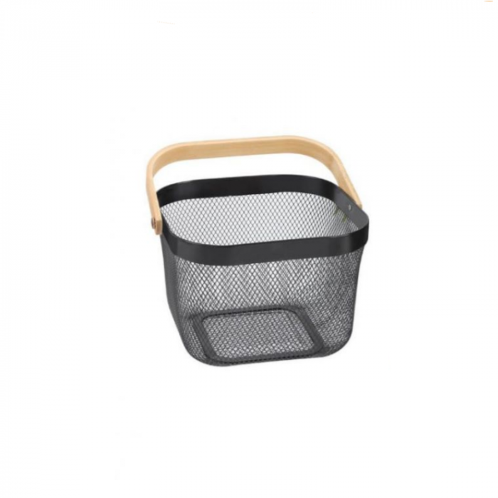 Cos de metal cu maner din bambus pentru organizare, baie, curatenie, negru, 25x26x18cm, Confortime [1]