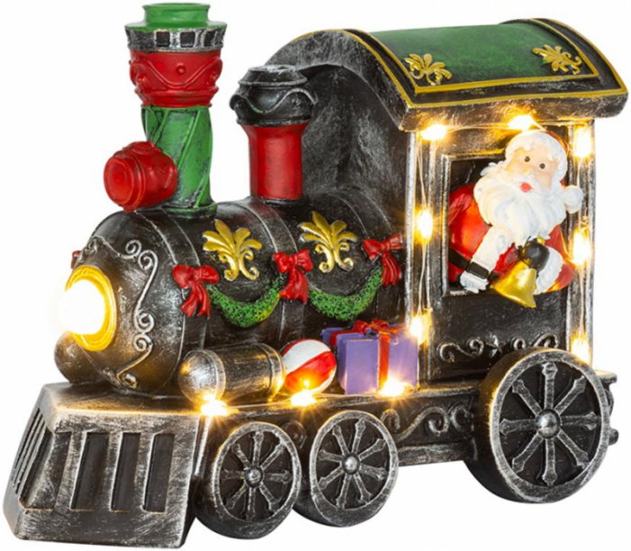 Decoratiune Craciun, polirasina, Mos Craciun in locomotiva impodobita, LED, 3xAA, Magic Home [1]