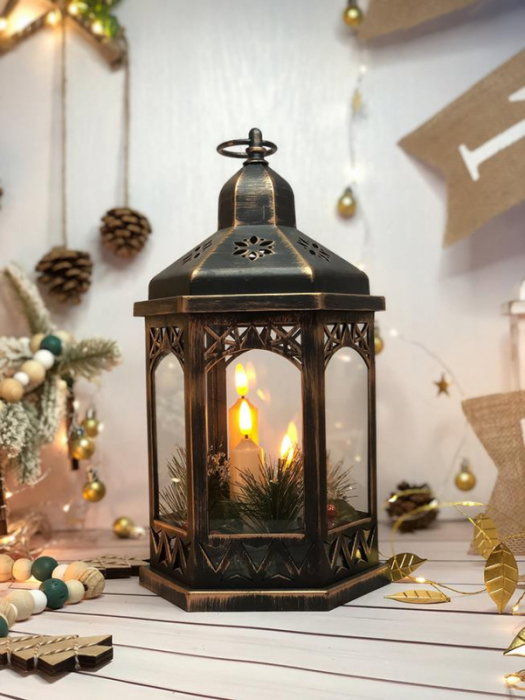 Felinar cu lumanari led, bronz, pentru Craciun, MagicHome, alb, 3xAAA, plastic, 18x15x32 cm [1]