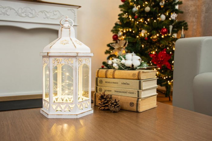Felinar decorativ cu plasa led pentru Craciun, MagicHome, alb, 3xAAA, plastic, 30 de leduri, 18x15x32 cm [2]