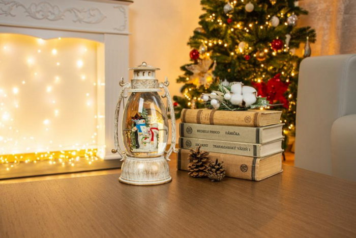 Felinar led cu Mos Craciun in sanie, decorativ, de craicun, alb, 3xAA, plastic, 13x11x24/35 cm [3]