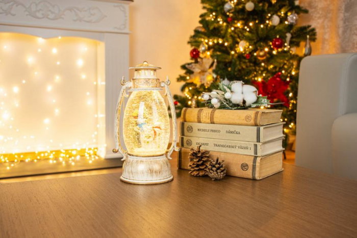 Felinar led cu Mos Craciun in sanie, decorativ, de craicun, alb, 3xAA, plastic, 13x11x24/35 cm [2]
