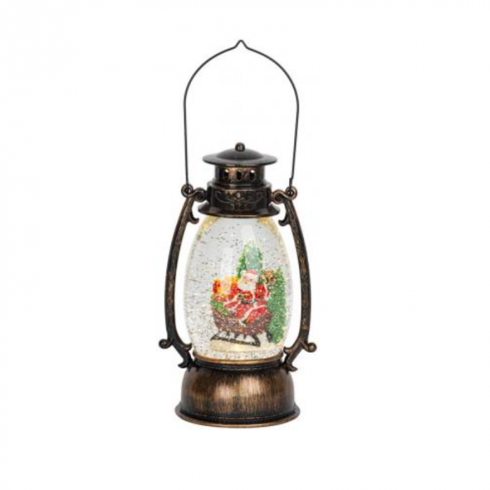 Felinar led cu Mos Craciun in sanie, decorativ, de Craciun, aramiu, 3xAA, plastic, 13x11x24/35 cm [1]