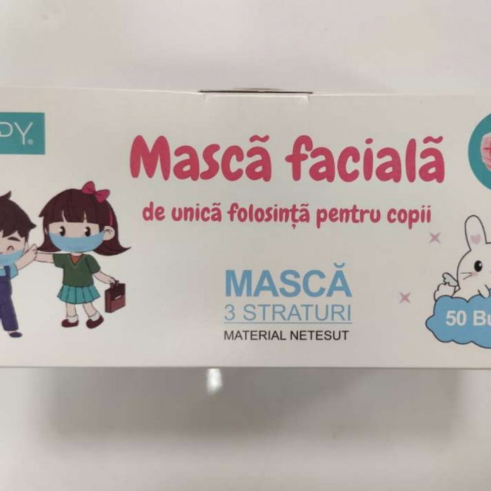 MASCA FACIALA PENTRU COPII, FLIPPY, 3 STRATURI SI 3 PLIURI, ROZ - 50 BUCATI [2]