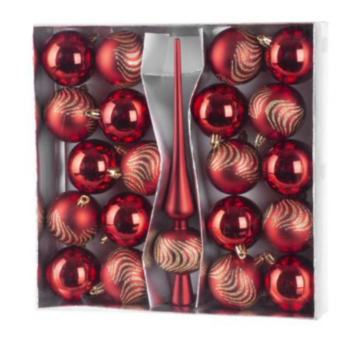 Set 21 globuri si varf pentru bradul de craciun,rosii, diametru 6 cm, magic home [1]