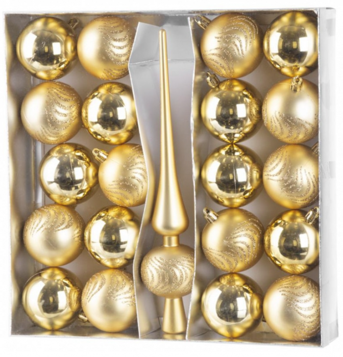 Set 21 globuri si varf pentru bradul de craciun, auriu, diametru 6 cm, magic home [1]