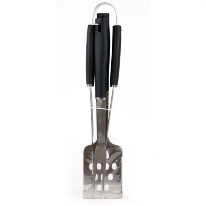 Set 3 ustensile gratar Algon, cleste, furculita, spatula, maner antiaderent, otel inoxidabil, 43 cm, argintiu-negru [1]