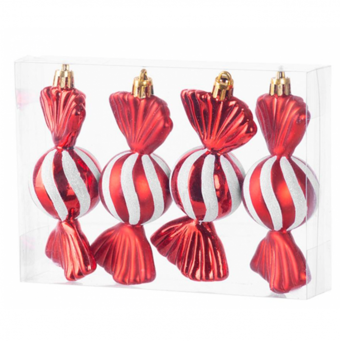 Set 4 globuri in forma de bomboane pentru bradul de Craciun, 11.5 cm, alb rosii, MagicHome [1]