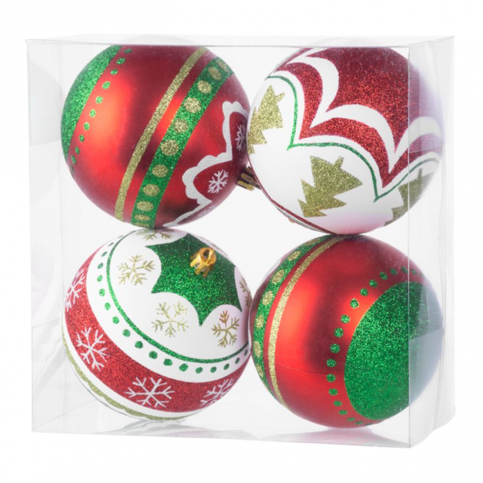 Set 4 globuri pentru bradul de craciun, MagicHome, rosu/alb/verde, 10 cm diametru [1]