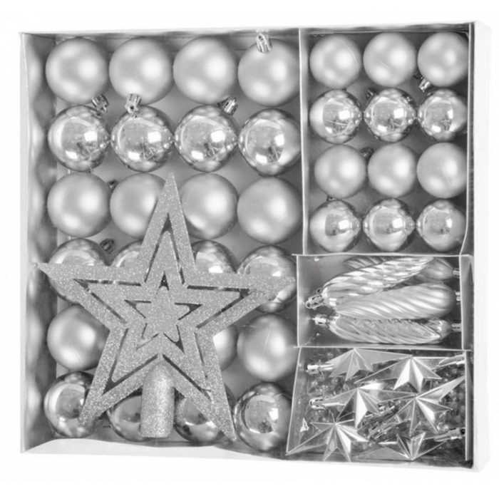 Set 50 globuri si ghirlanda si varf pentru bradul de Craciun, argintiu, diametru 4-5 cm, MagicHome [1]