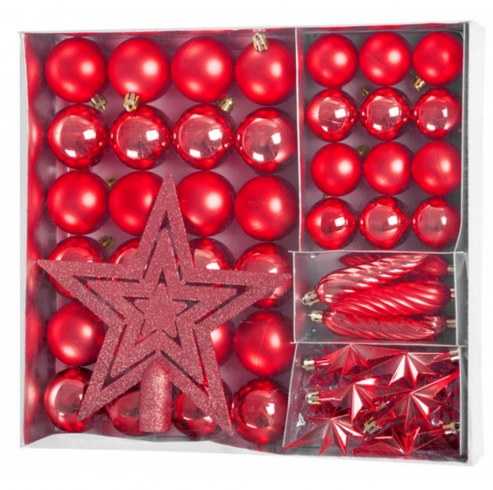 Set 50 globuri si ghirlanda si varf pentru bradul de craciun, rosu, diametru 4-5 cm, MagicHome [1]