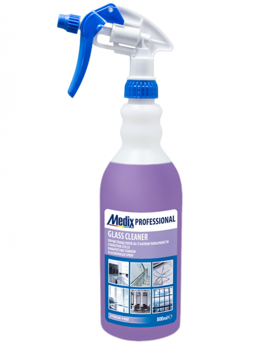 Soluție profesionala de curățare și lustruire cu pompită pentru geamuri, suprafețe netede si sticlă 800 ml cu miros de liliac, Medix Profesional [1]