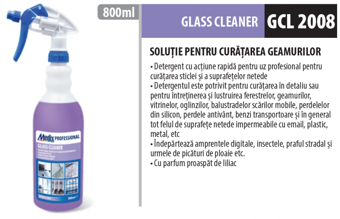 Soluție profesionala de curățare și lustruire cu pompită pentru geamuri, suprafețe netede si sticlă 800 ml cu miros de liliac, Medix Profesional [2]