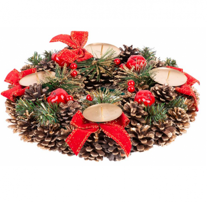 Suport de lumanari rotund pentru Craciun, conuri de pin naturale, 25 cm diametru, MagicHome [1]