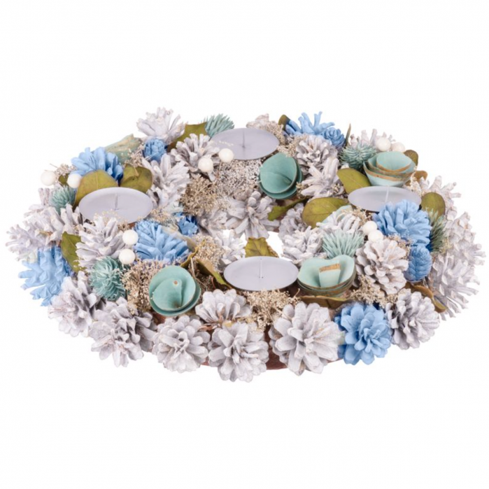 Suport pentru lumanari in forma de coronita decorativa din flori textile si conuri de brad, 38 cm, crem-albastru, MagicHome [1]
