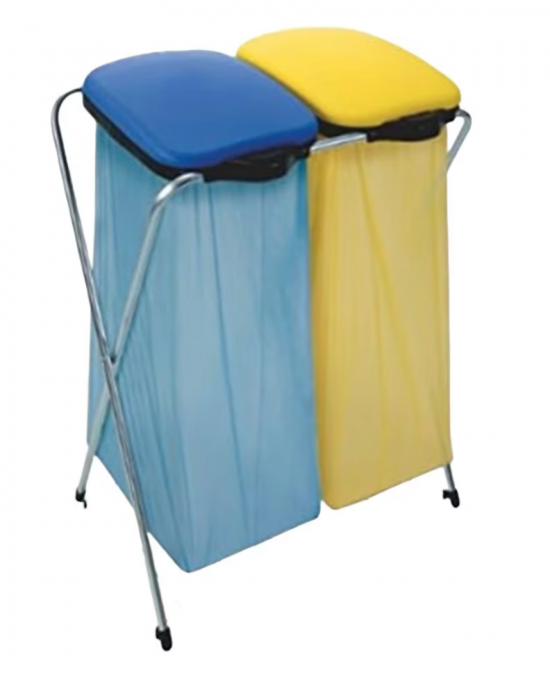 Suport saci de gunoi BRRO ECO 2, albastru/galben, 66 x 42 x 78 cm, 2 saci x 130 l, pentru colectare selectiva si depozitare sticle [1]