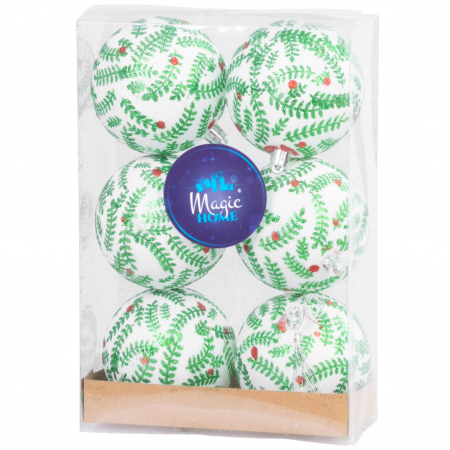Set 6 globuri pentru bradul de Craciun, MagicHome albe mate, cu crengute de brad, 8 cm [0]
