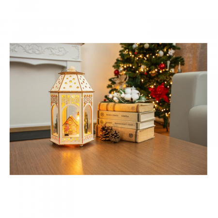 Felinar decorativ cu tema de iarna pentru Craciun, MagicHome, alb, 2xAA, lemn, 9 de leduri, 16,5x14x30 cm [1]
