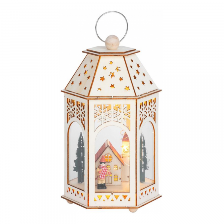 Felinar decorativ cu tema de iarna pentru Craciun, MagicHome, alb, 2xAA, lemn, 9 de leduri, 16,5x14x30 cm [0]