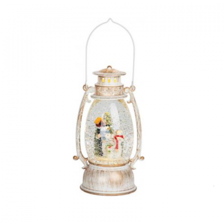 Felinar led cu Mos Craciun in sanie, decorativ, de craicun, alb, 3xAA, plastic, 13x11x24/35 cm [0]