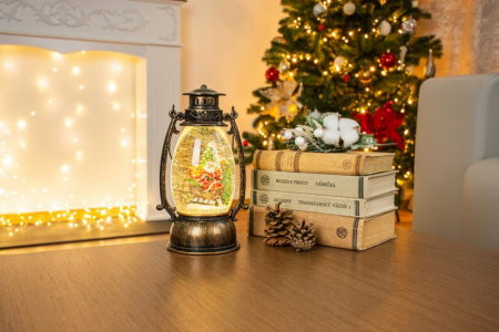 Felinar led cu Mos Craciun in sanie, decorativ, de Craciun, aramiu, 3xAA, plastic, 13x11x24/35 cm [1]