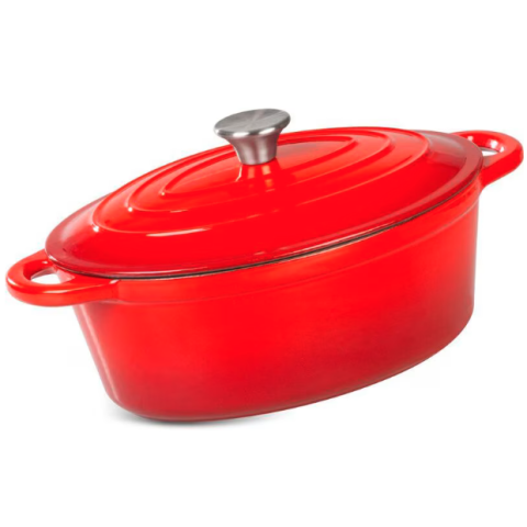 Oale si cratite - Oala de fonta ovala, emailata cu capac, maner din inox, rosie, 4.4 L, Magic Home