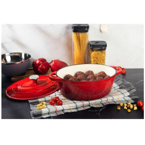 Oala de fonta ovala, emailata cu capac, maner din inox, rosie, 4.4 L, Magic Home [2]