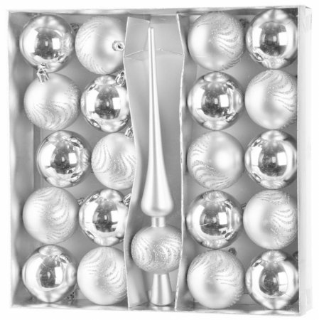 Set 21 globuri si varf pentru bradul de Craciun, argintiu, diametru 6 cm, MagicHome [0]