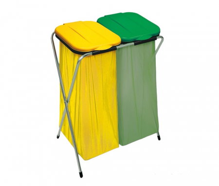 Curatenie - Suport saci de gunoi BRRO ECO 2, 66 x 42 x 78 cm, verde/galben, 2 saci x 130 l, pentru colectare selectiva si depozitare sticle