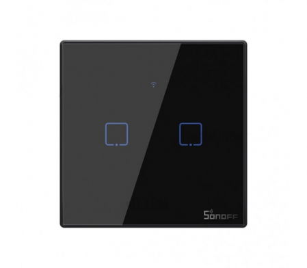 Intrerupatoare Smart - Sonoff T3EU2C-TX - Intrerupator touch negru, 2 butoane, WiFi si RF 433Mhz