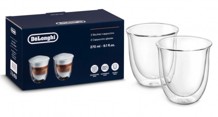 Accesorii espressoare - DeLonghi set 2 pahare cappuccino de sticlă termorezistentă, perete dublu, 2x270ml