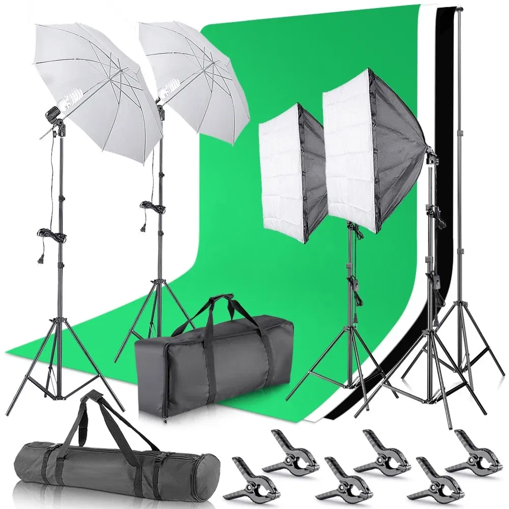 Kit studio foto,2 lumini softbox,2 umbrele,suport fundal 2x3 m,4x bec 45W, 3 panze fundal multicolore + geanta transport [1]