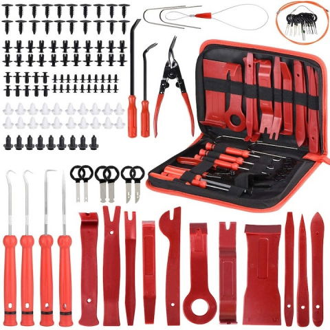Truse cu scule - Trusa demontare interior auto, 139 piese, radio, panou de bord, usi, clipsuri, husa de protectie inclusa, rosu