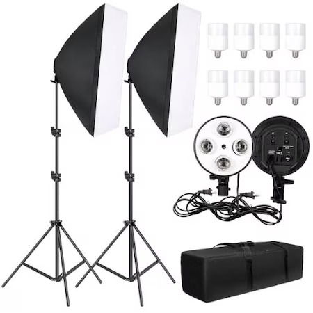 Softbox-uri - Kit de 2 softboxuri, soclu de 4 becuri, 2 trepiezi reglabili 200 cm, 8 becuri LED 20W, geanta de transport inclusa