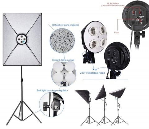 Kit de 2 softboxuri, soclu de 4 becuri, 2 trepiezi reglabili 200 cm, 8 becuri de 150W, geanta de transport inclusa [1]