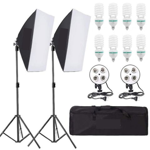 Kit de 2 softboxuri, soclu de 4 becuri, 2 trepiezi reglabili 200 cm, 8 becuri de 150W, geanta de transport inclusa [0]