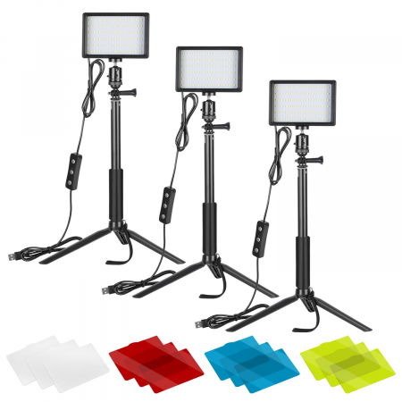 Panouri Led - Kit 3 mini panouri LED Neewer, lumina ajustabila din filtre, cap bila 360 grade inclus, trepiezi-stativi reglabili 116 cm, 12 filtre de culoare multicolore