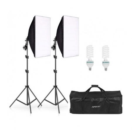 Softbox-uri - Set de lumini pentru studio cu 2 softbox 50x70, becuri neutre 2 x 150W, 2 trepiede 200cm, 2 Panze de difuzie si geanta transport