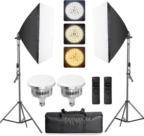 Softbox-uri - Kit de 2 softboxuri, 2 trepiezi reglabili 200 cm, 2 becuri LED de 105W cu telecomanda control, geanta de transport inclusa