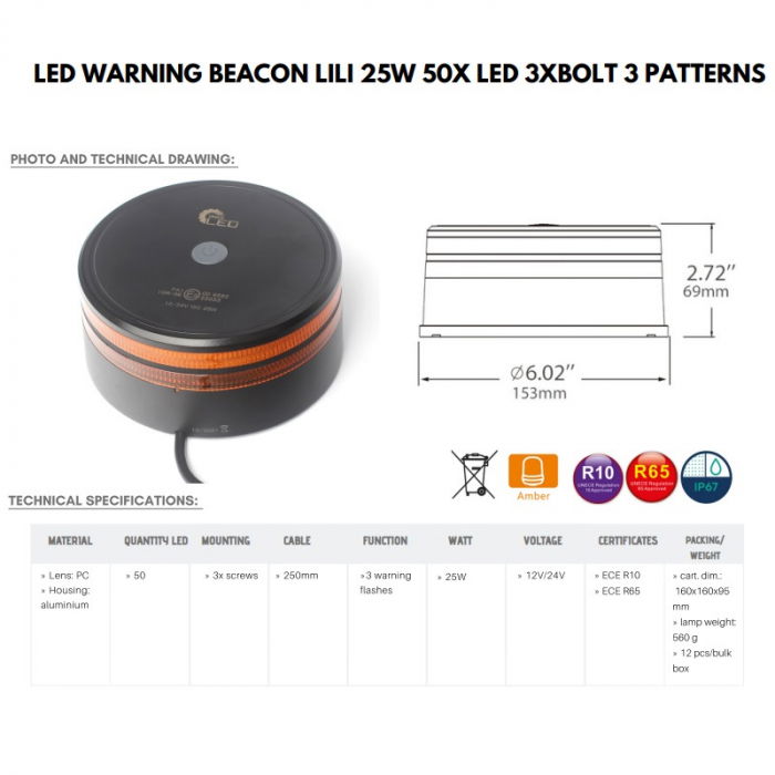 Girofar de avertizare led 25W, 50x led, 3 x suruburi, 12  24V, 3 functii - Truck LED ALR0081 [4]
