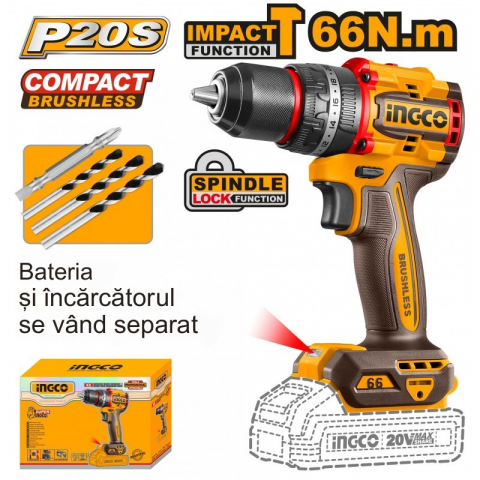 Masini gaurit, filetat cu acumulator - Bormasina cu percutie, motor fara perii, 20V, 66Nm, Mandrina Metalica 13mm