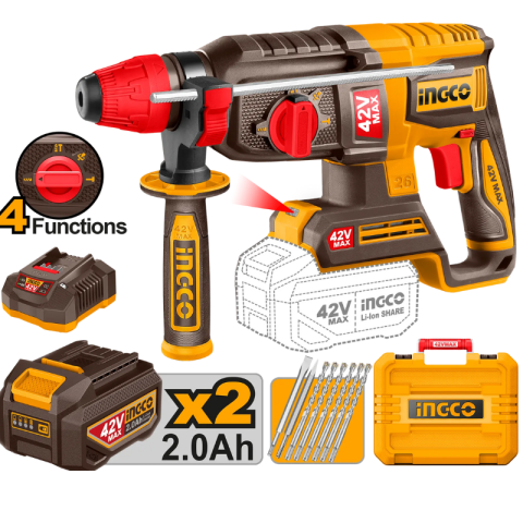 Rotopercutoare si demolatoare - Ciocan Rotopercutor cu Acumulator, Motor Fara Perii, 42V, 4 Functii, Gaurire Beton 26 mm, 2 Acumulatori Inclusi